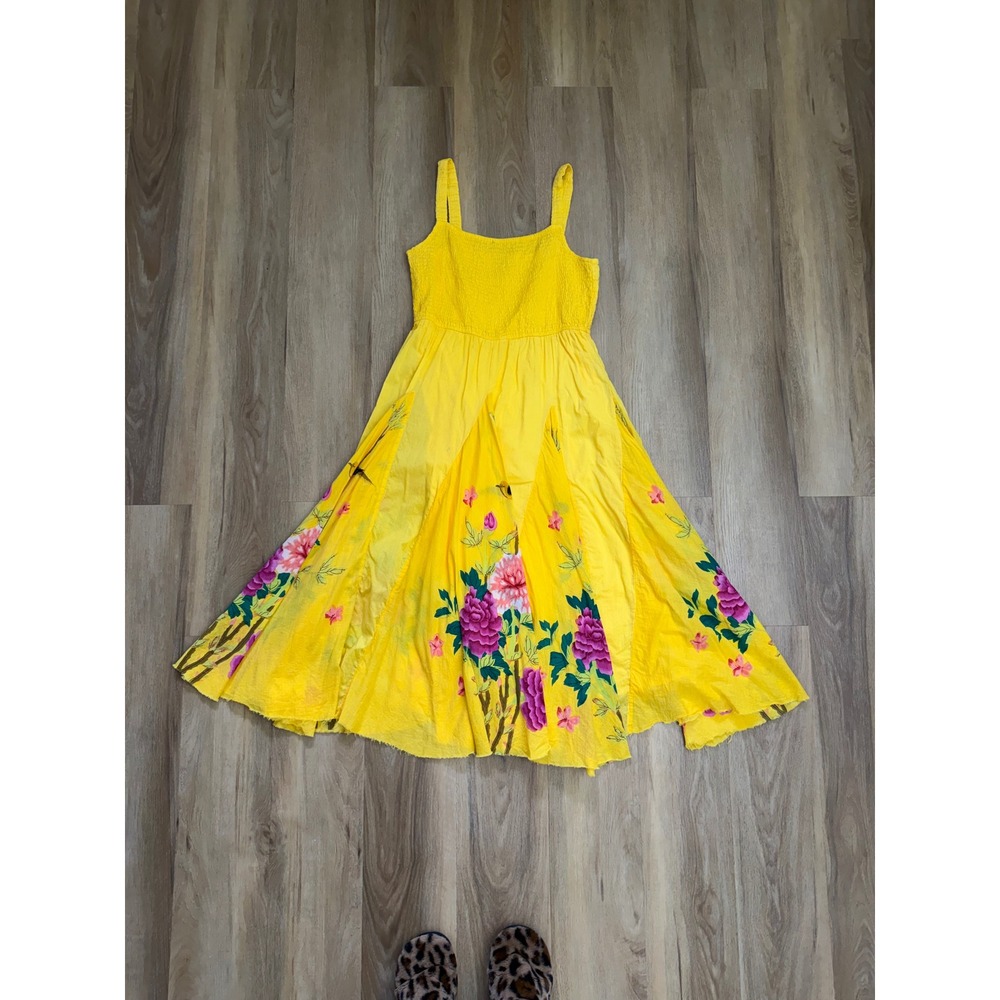 Sandy Starkman Yellow Floral Bird Smocked Cotton Midi Dress Large Whimsy - Picture 2 of 9